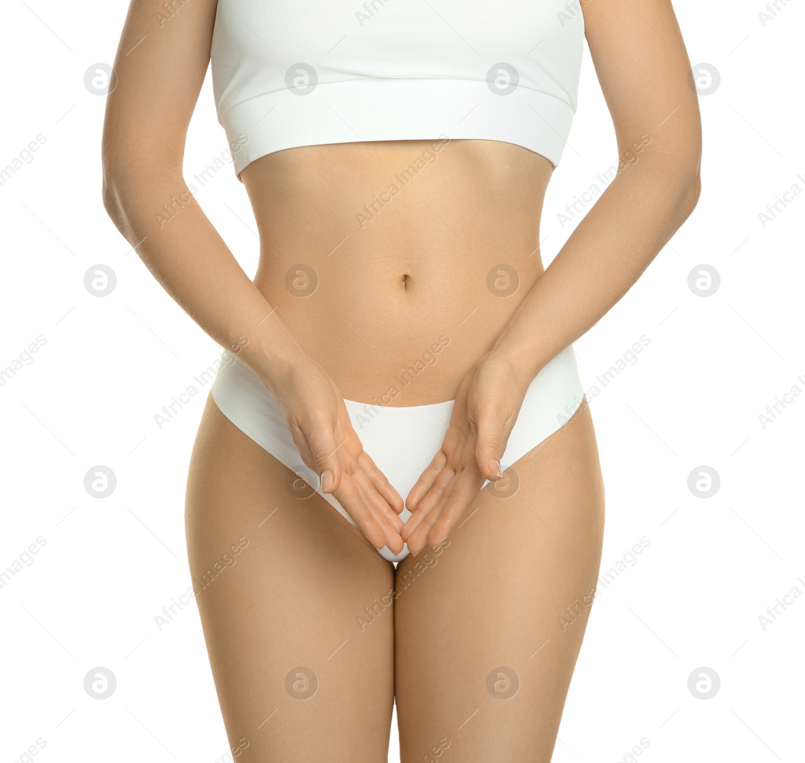 Photo of Gynecology. Woman in underwear on white background, closeup