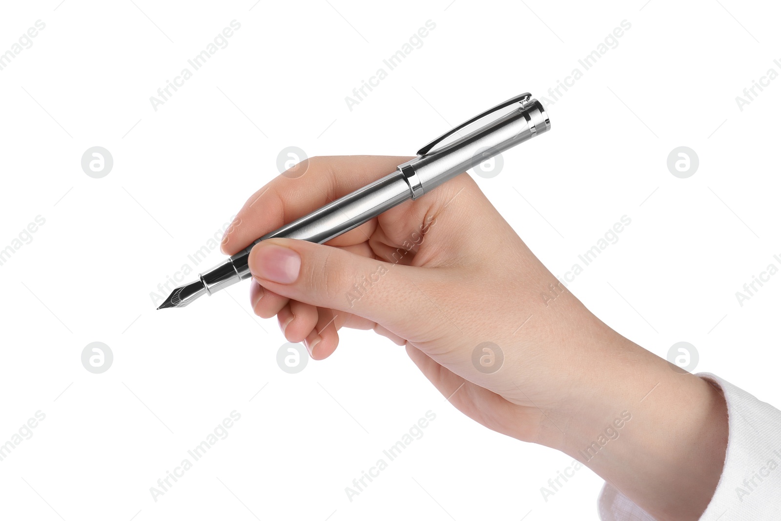 Photo of Woman holding stylish fountain pen on white background, closeup