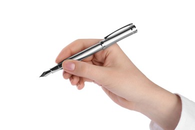 Woman holding stylish fountain pen on white background, closeup