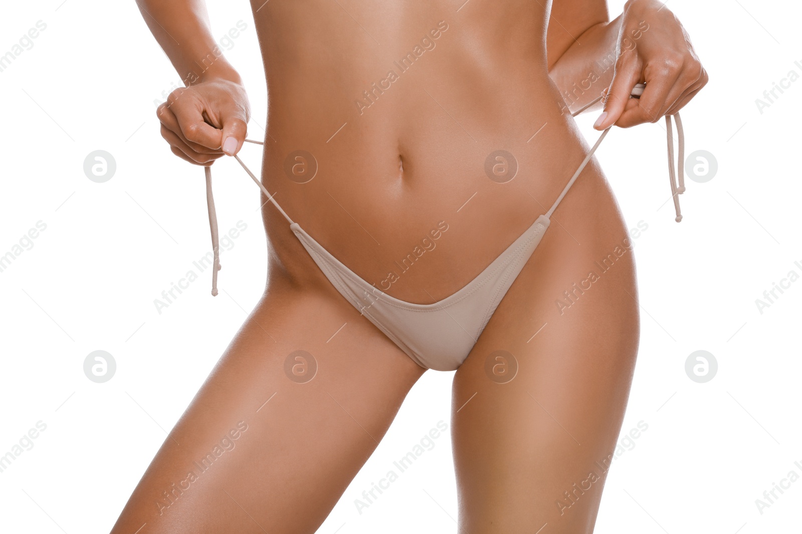 Photo of Woman in stylish bikini on white background, closeup