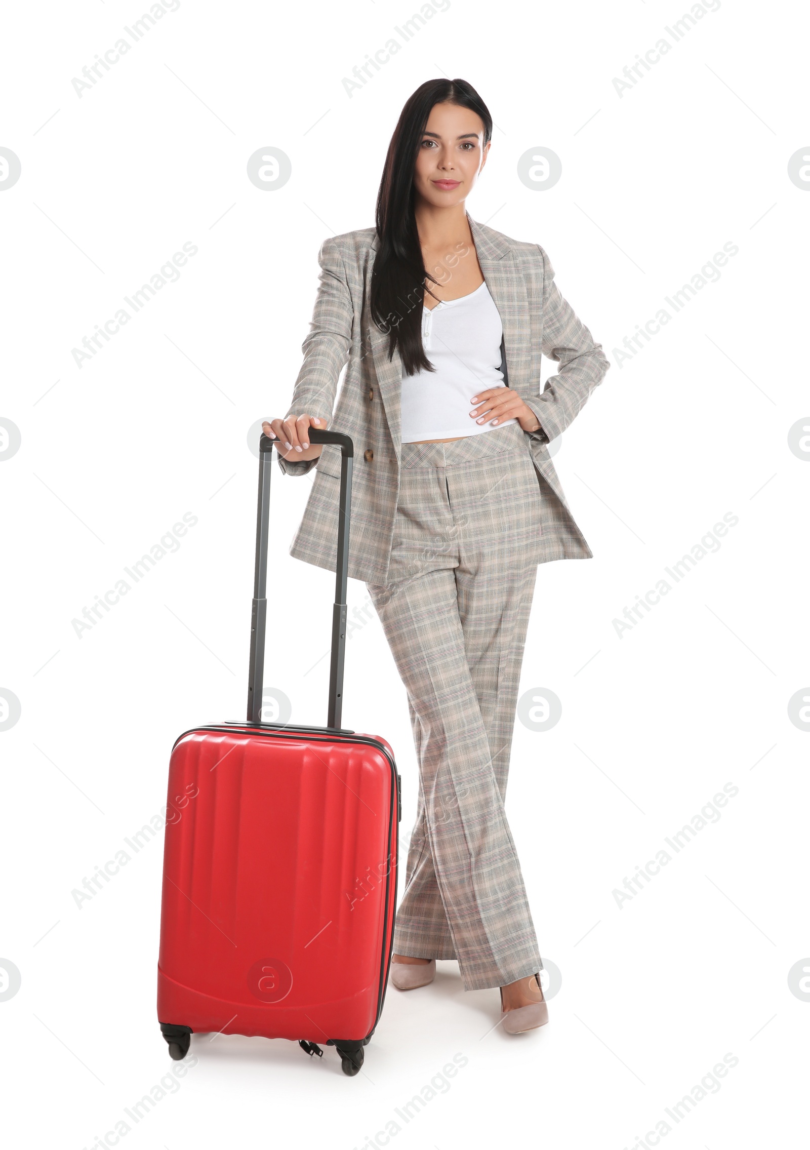 Photo of Businesswoman with suitcase for vacation trip on white background. Summer travelling