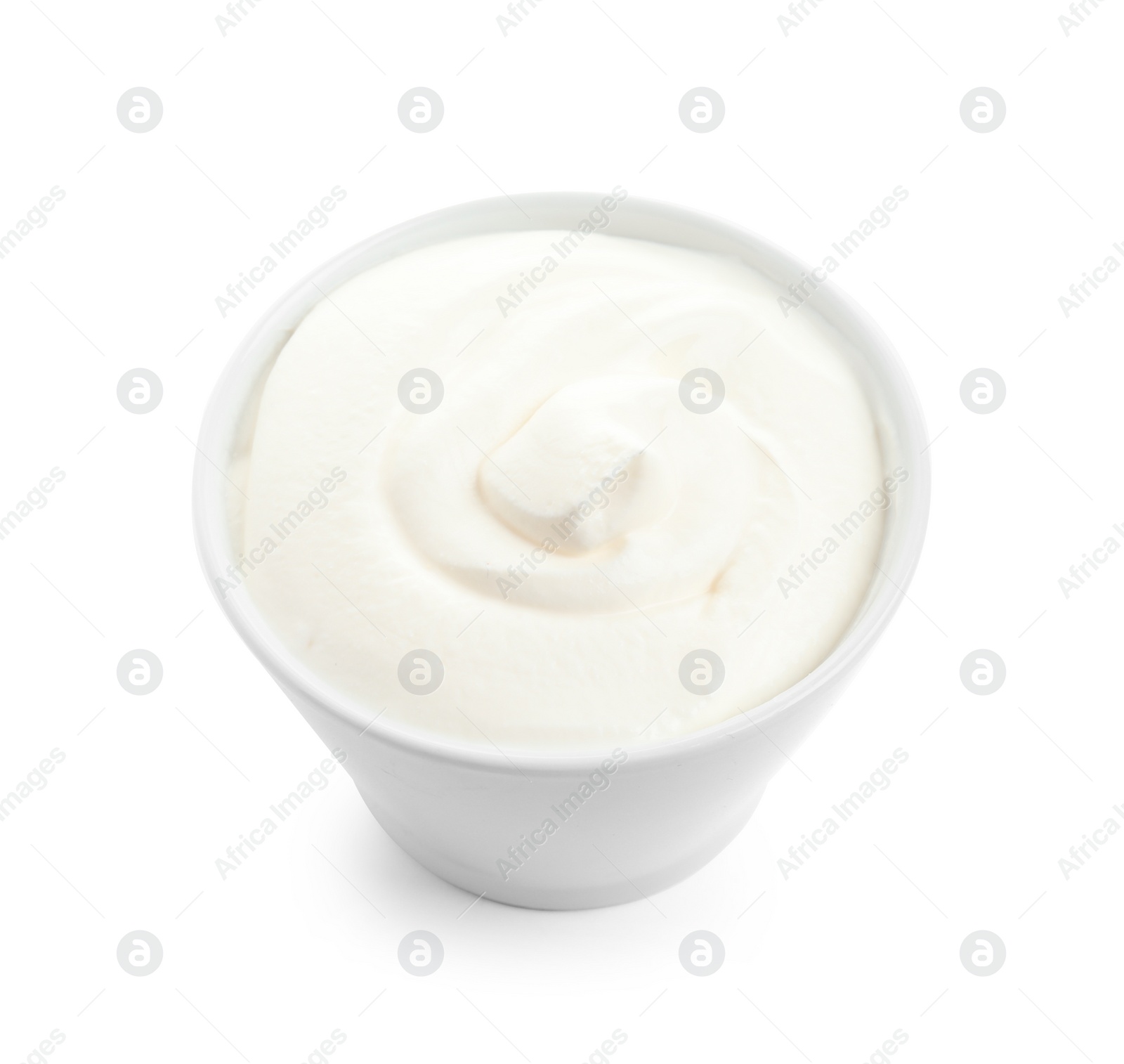 Photo of Ceramic bowl with fresh sour cream isolated on white