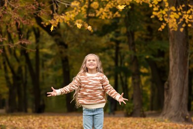 Photo of Happy girl playing with dry leaves in autumn park