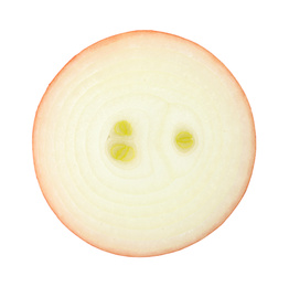 Photo of Slice of raw yellow onion isolated on white