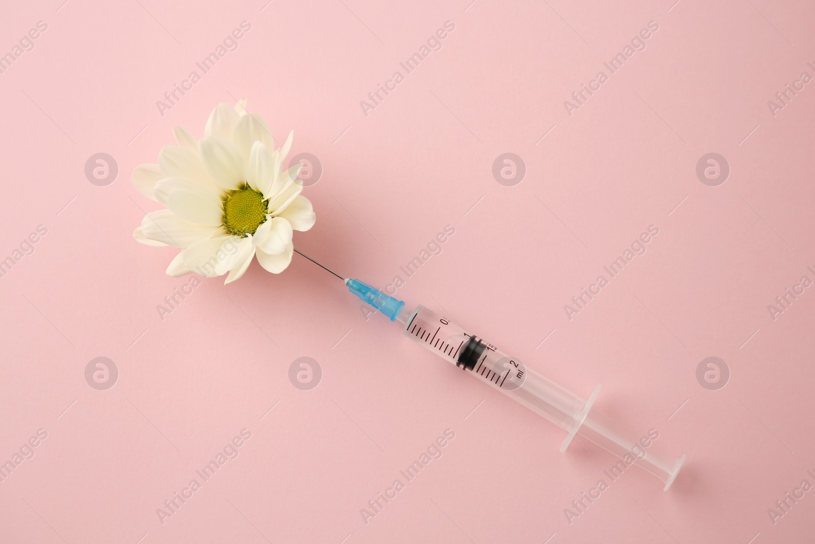 Photo of Medical syringe and beautiful chrysanthemum flower on pink background, top view