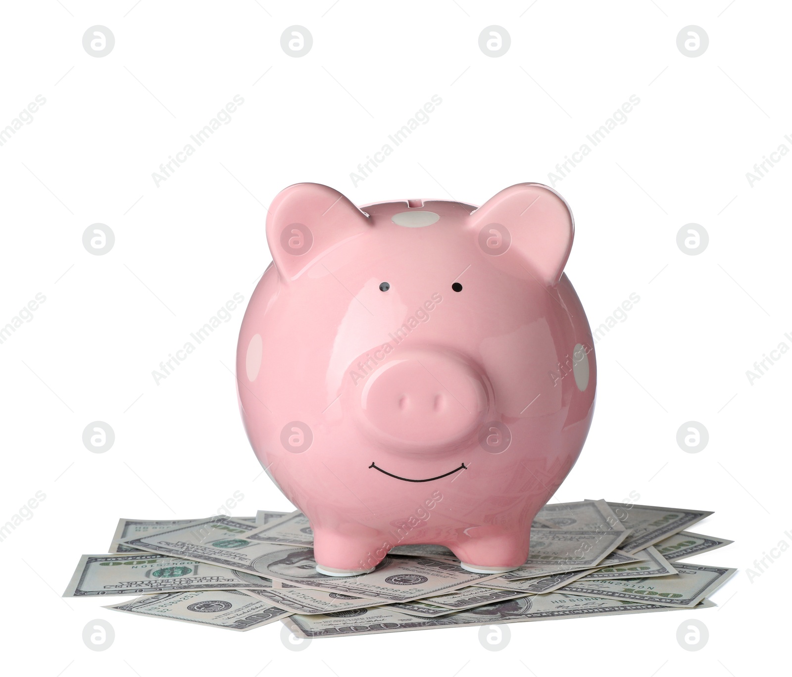 Photo of Piggy bank with money isolated on white