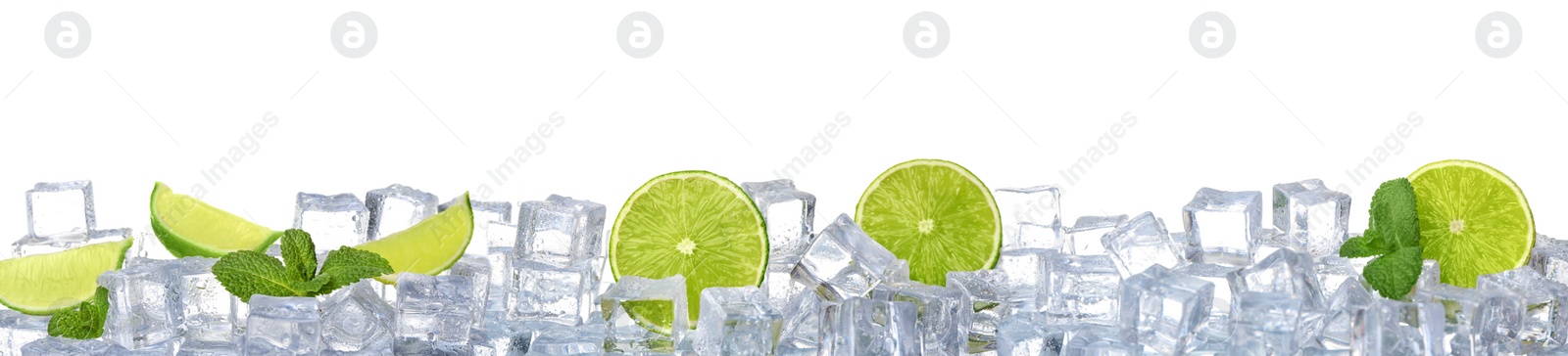 Image of Ice cubes, mint and limes on white background. Banner design 