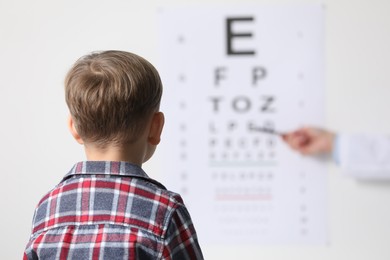 Photo of Ophthalmologist testing little boy's vision in clinic, back view