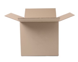 Photo of One open cardboard box isolated on white