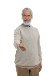 Senior man welcoming and offering handshake isolated on white