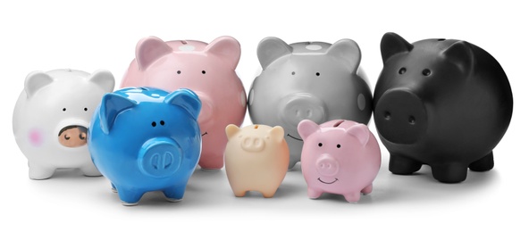 Photo of Different cute piggy banks on white background. Money saving