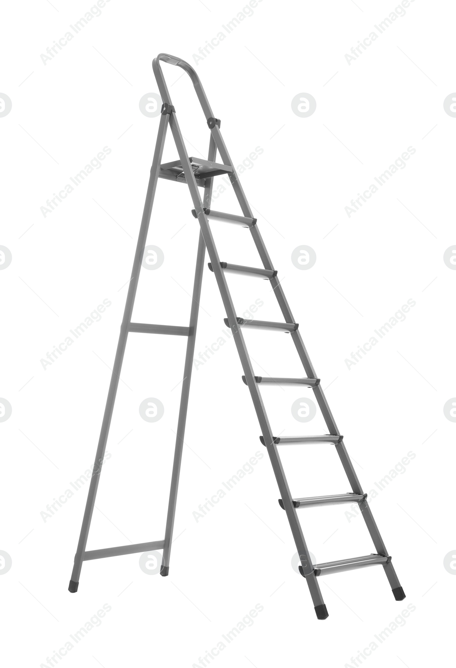 Photo of Modern metal stepladder isolated on white. Construction tool