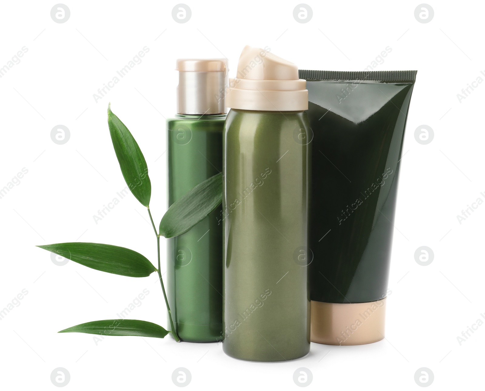 Photo of Cosmetic products and plant isolated on white