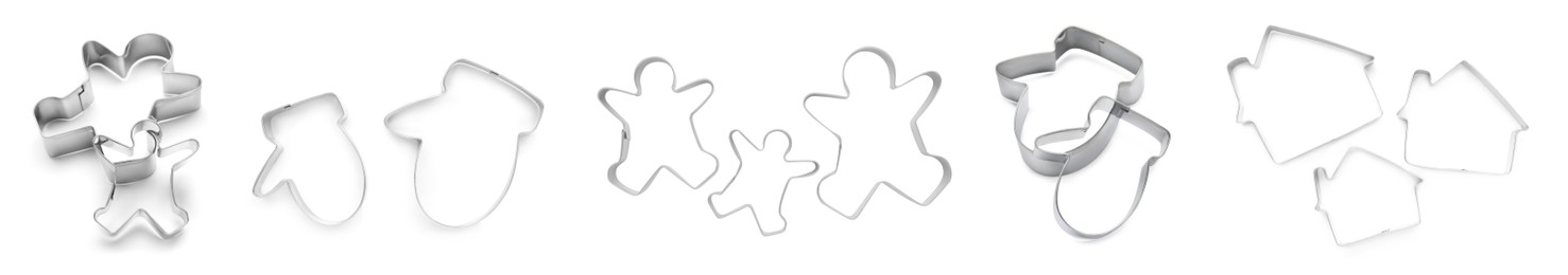 Image of Set with cookie cutters of different shapes on white background. Banner design