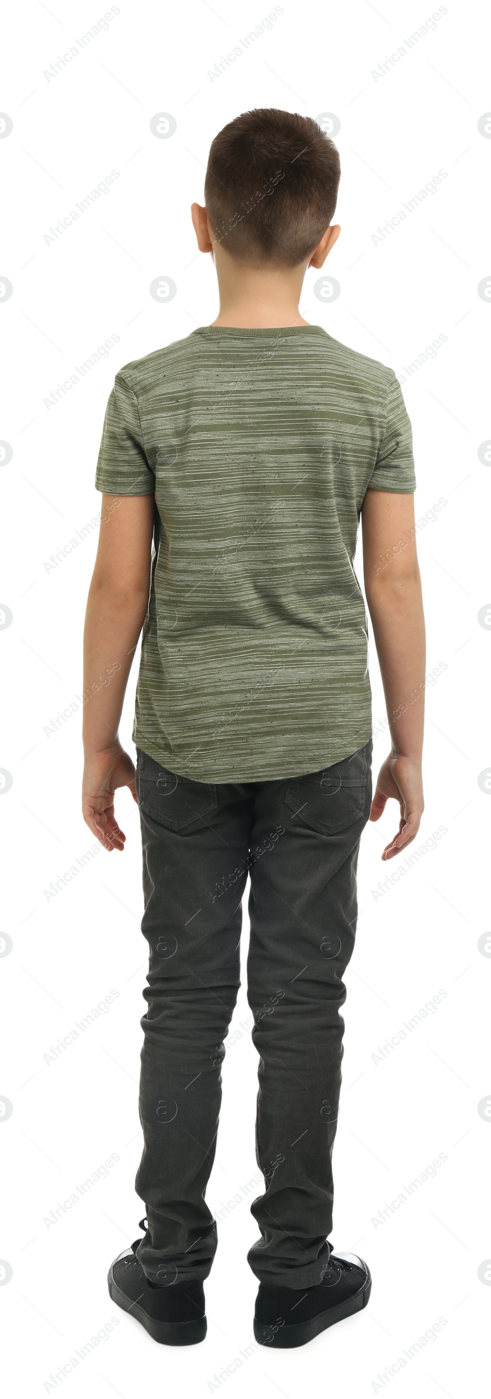 Photo of Preteen boy on white background, back view
