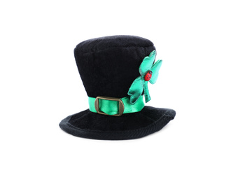 Black leprechaun hat with clover leaf isolated on white. St. Patrick's Day celebration