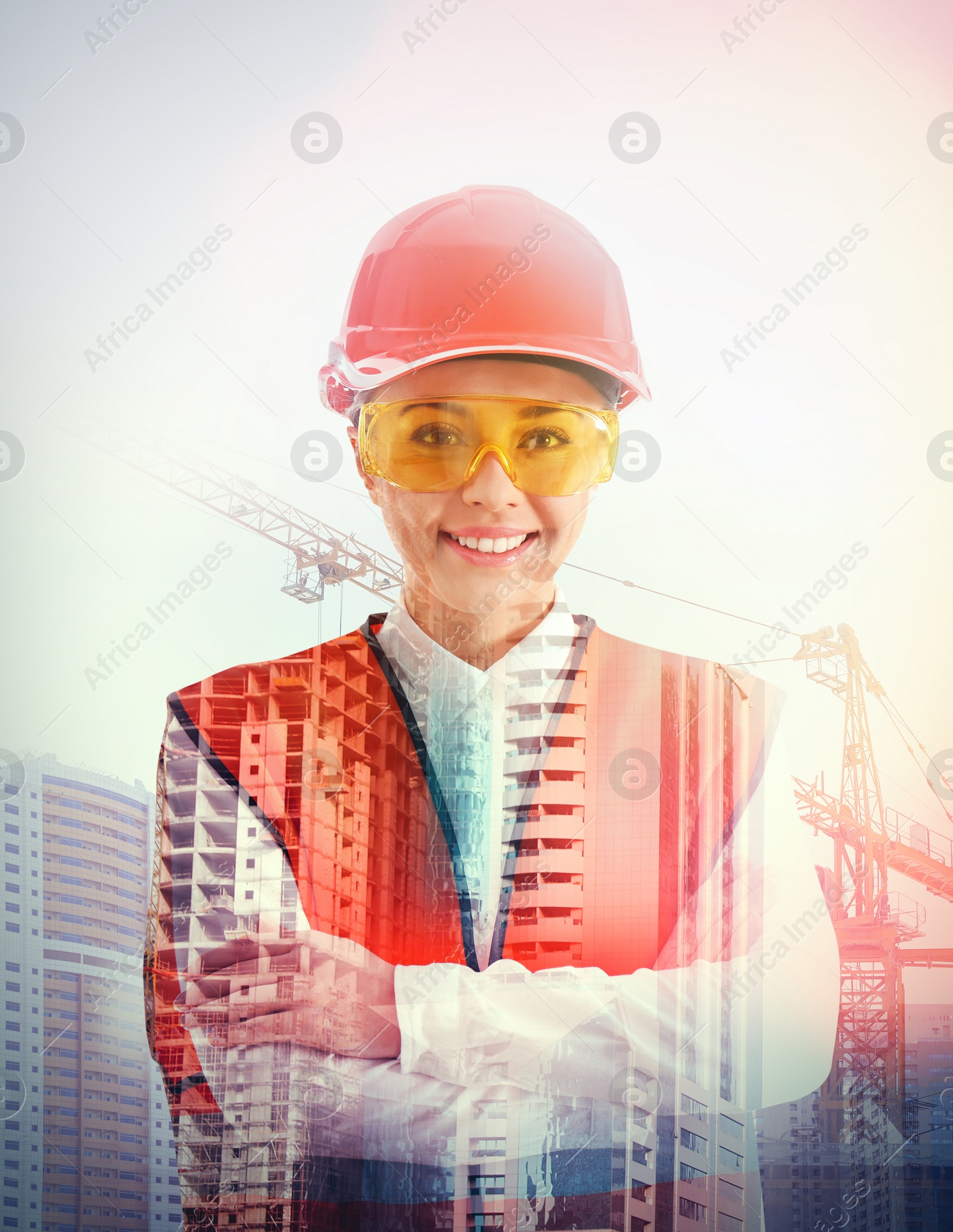 Image of Double exposure of female industrial engineer in uniform and construction 