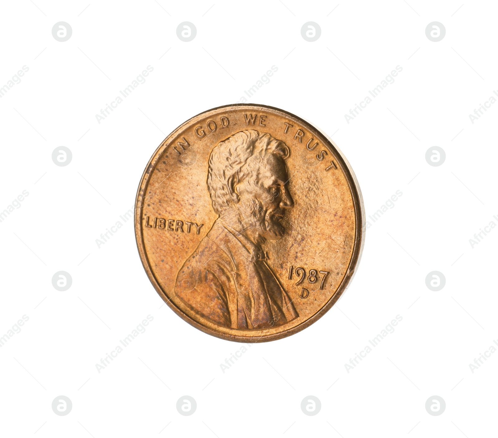 Photo of Shiny USA one cent coin on white background