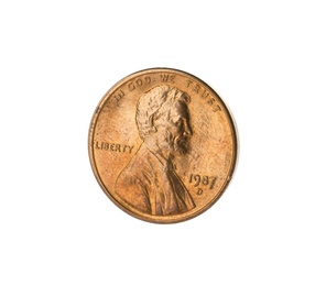 Shiny USA one cent coin on white background