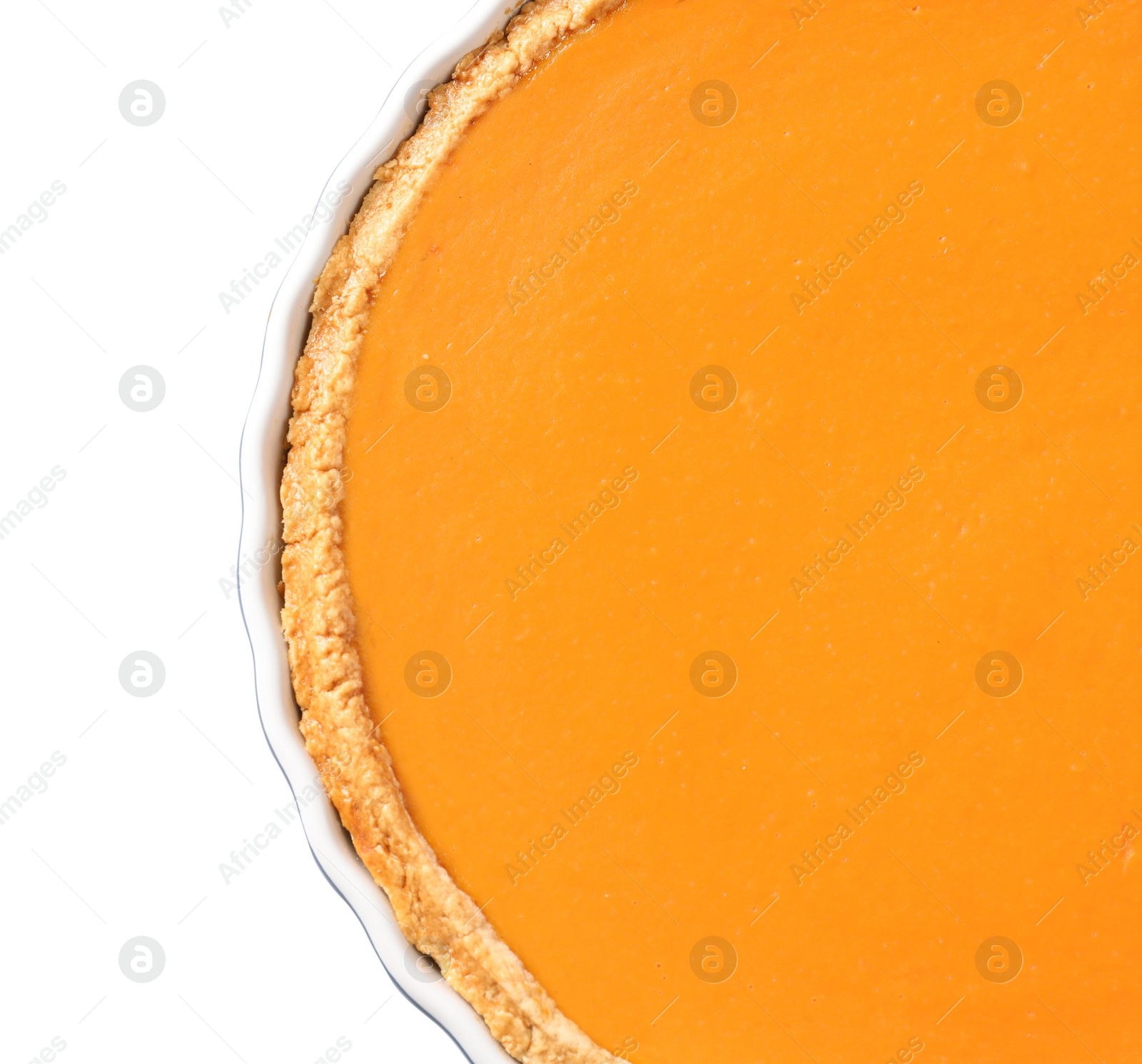 Photo of Fresh delicious homemade pumpkin pie on white background, top view