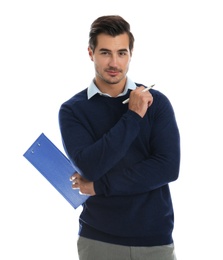 Photo of Young male teacher with clipboard on white background