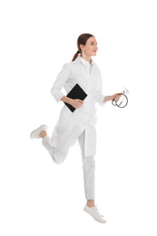 Photo of Doctor with clipboard running on white background