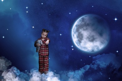 Image of Girl holding toy and sleepwalking on clouds in starry sky with full moon
