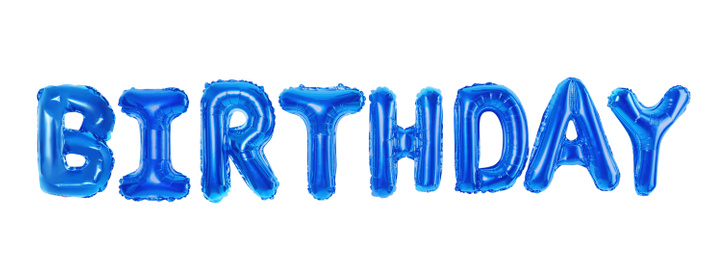 Word HAPPY made of blue foil balloons letters on white background