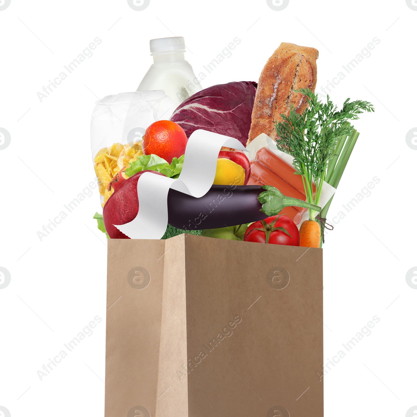 Image of Paper bag with different products and receipt isolated on white