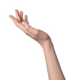 Photo of Woman holding something against white background, closeup