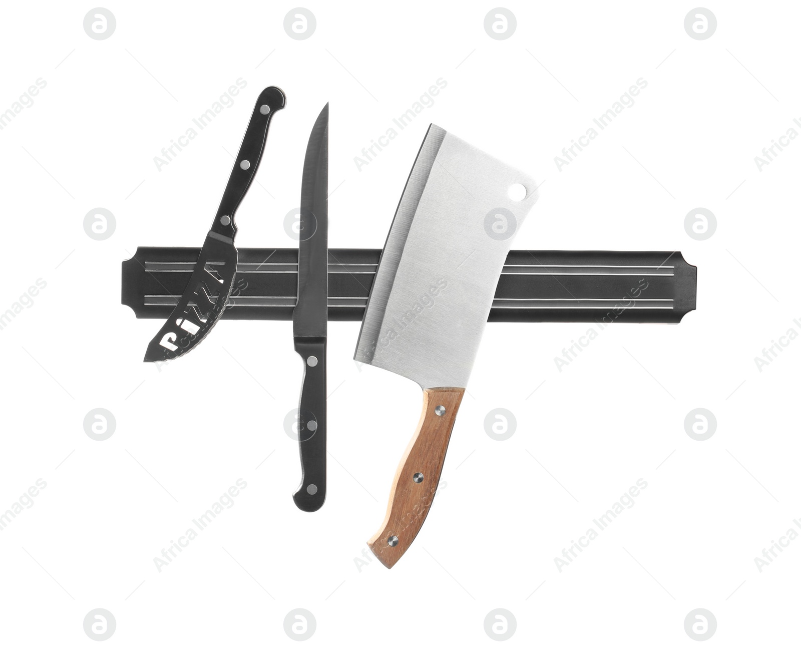 Photo of Magnetic holder with different knives isolated on white