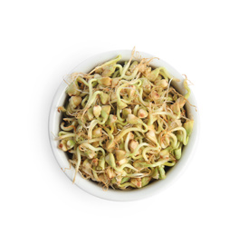 Photo of Bowl of sprouted green buckwheat isolated on white, top view