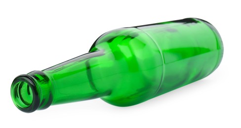 Photo of One empty green beer bottle isolated on white