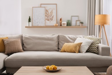 Photo of Stylish living room interior with comfortable grey sofa and different decor elements