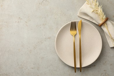 Stylish setting with cutlery, napkin, dry branch and plate on light table, top view. Space for text