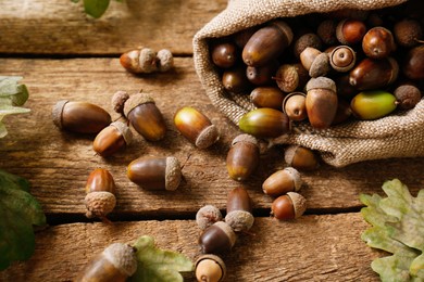 Photo of Sack with acorns and oak leaves on wooden table