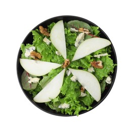 Photo of Delicious pear salad in bowl isolated on white, top view