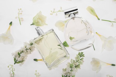 Luxury perfumes on spring floral decor, above view