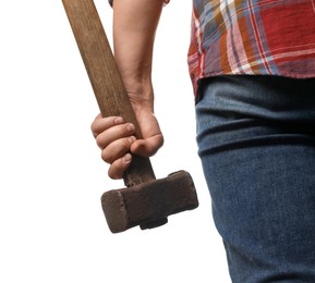 Man with sledgehammer on white background, closeup