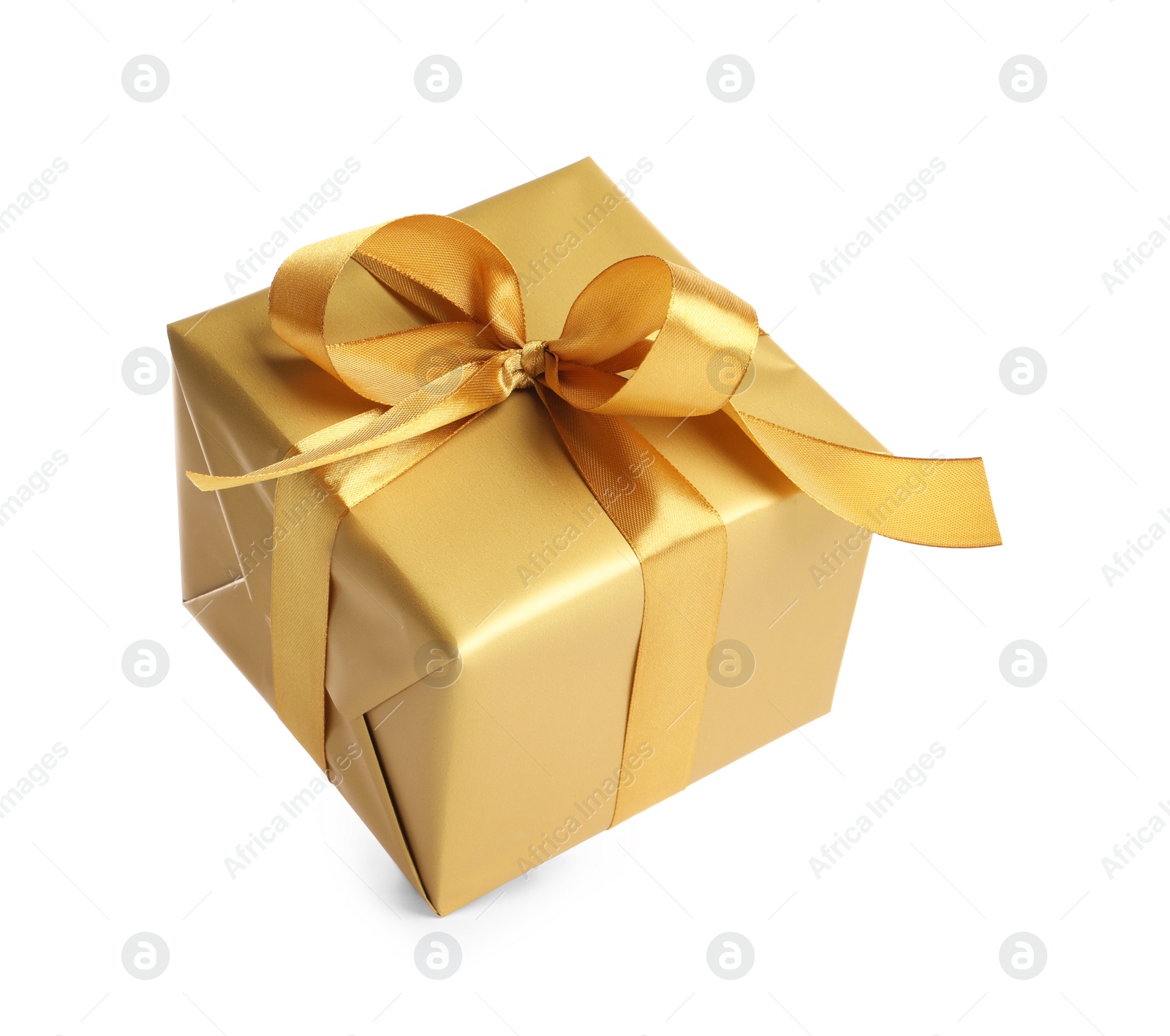 Photo of Gift box with golden ribbon and bow on white background