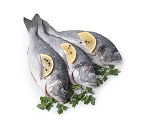 Photo of Raw dorado fish, parsley, lemon slices and peppercorns isolated on white, top view