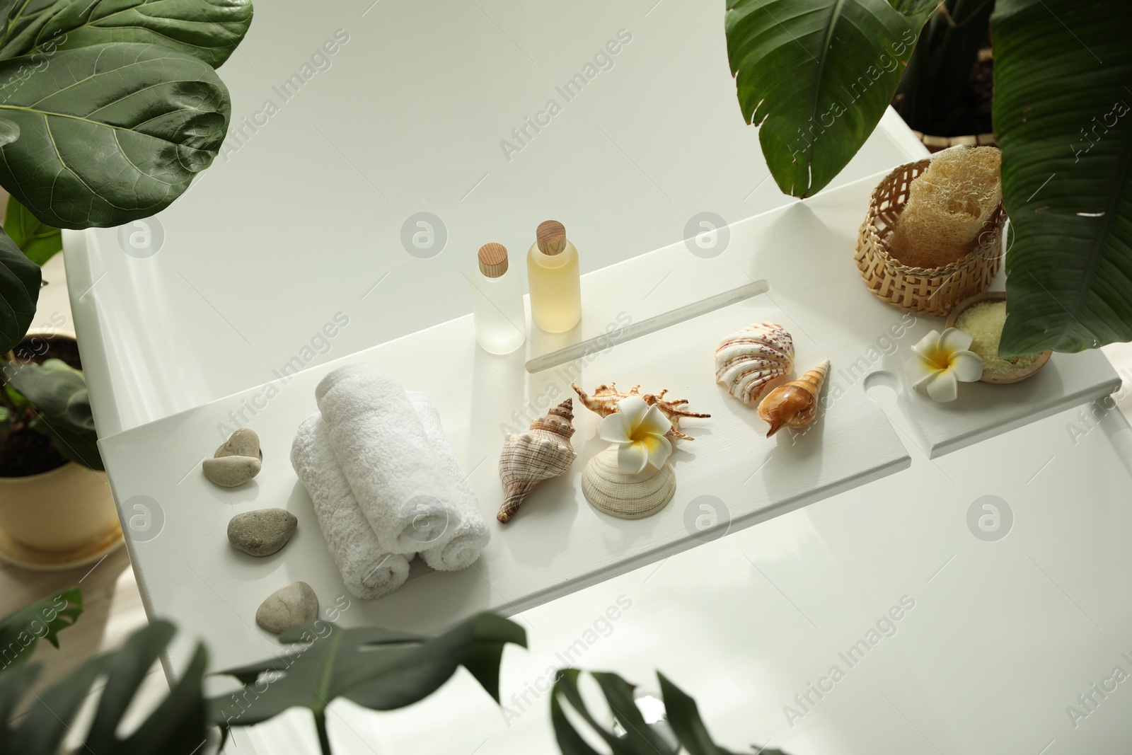 Photo of Bath tray with spa products, towels and shells on tub in bathroom, above view