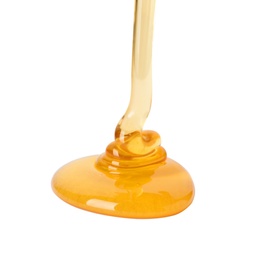 Photo of Pouring fresh sweet honey on white background