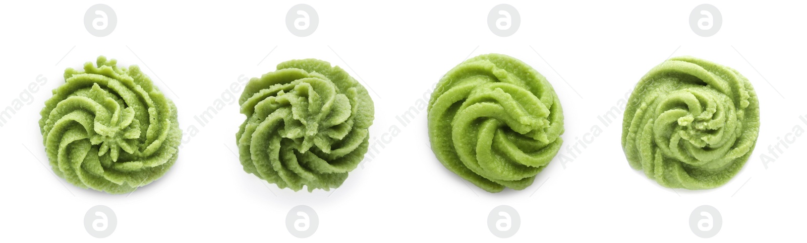 Image of Set with spicy wasabi paste on white background, top view. Banner design