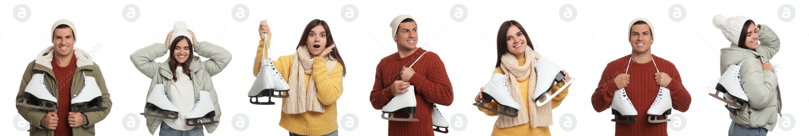 Image of Collage with photos of man and woman with ice skates on white background, banner design