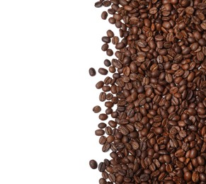 Photo of Many roasted coffee beans on white background, top view