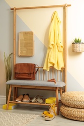 Cozy hallway interior with storage bench and stylish design elements