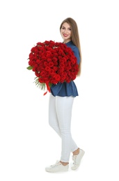 Photo of Full length portrait of beautiful woman with bouquet of roses on white background