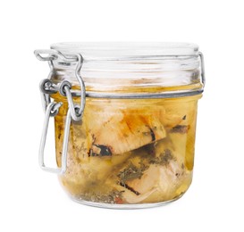 Photo of Jar of delicious artichokes pickled in olive oil isolated on white