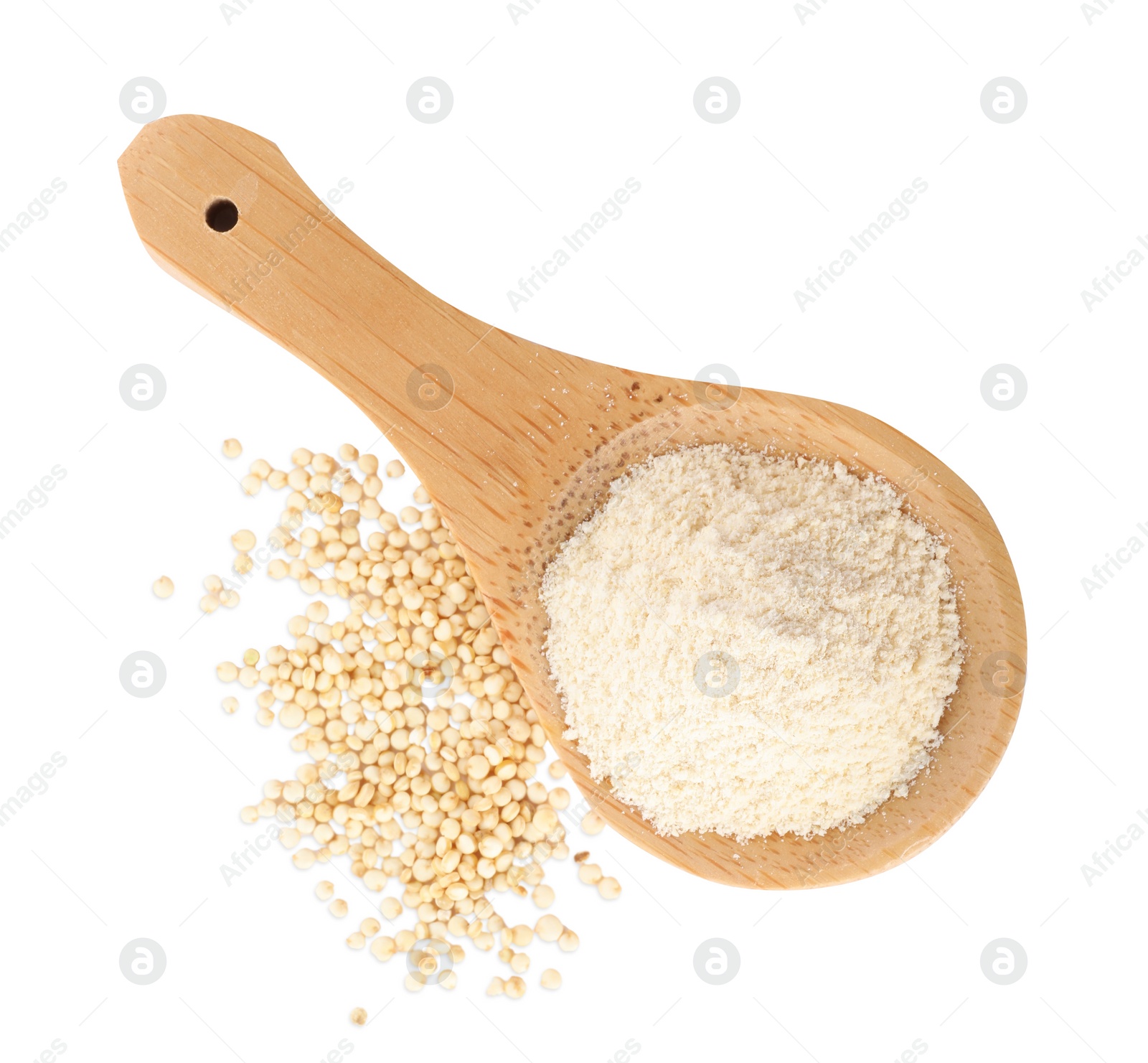 Photo of Wooden spoon with quinoa flour and seeds on white background, top view